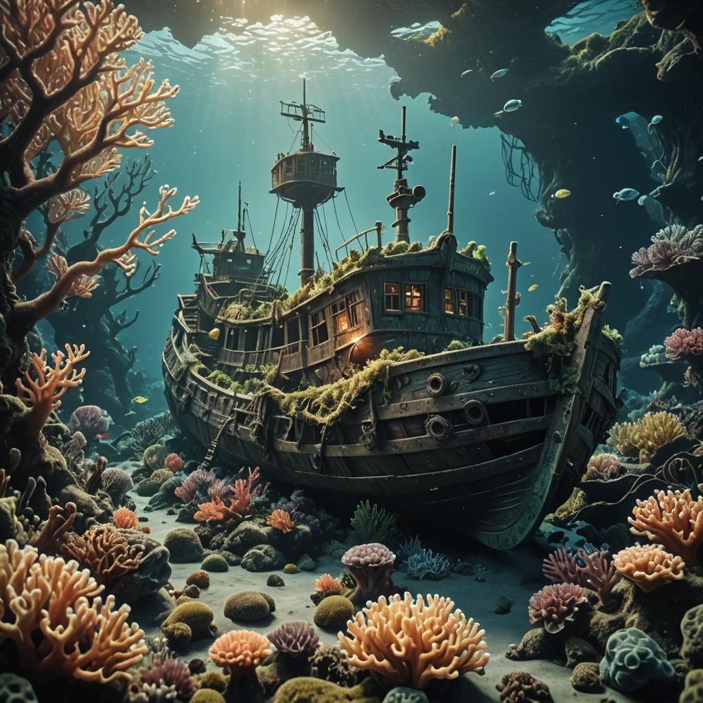 Sunken Viking Ship with Bioluminescent Coral
