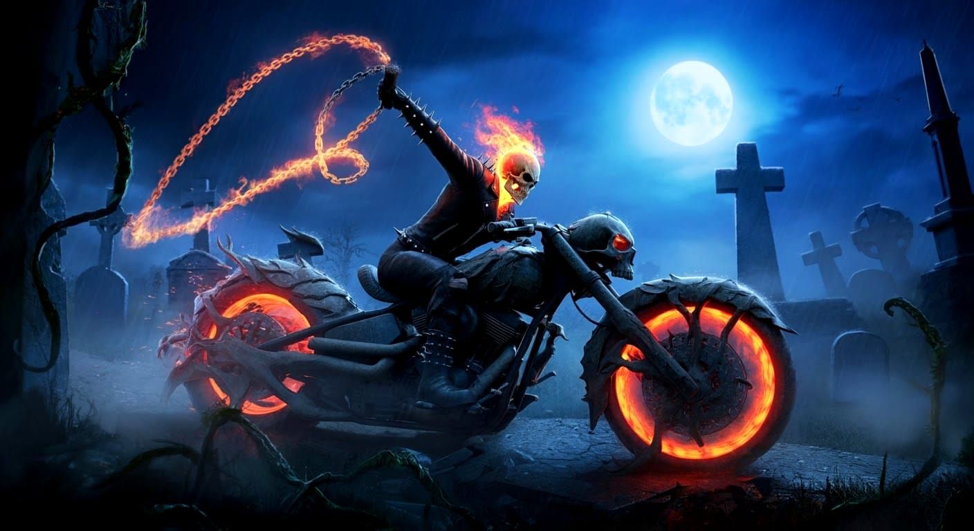 Ghost Rider on Demonic Motorcycle in Cemetery