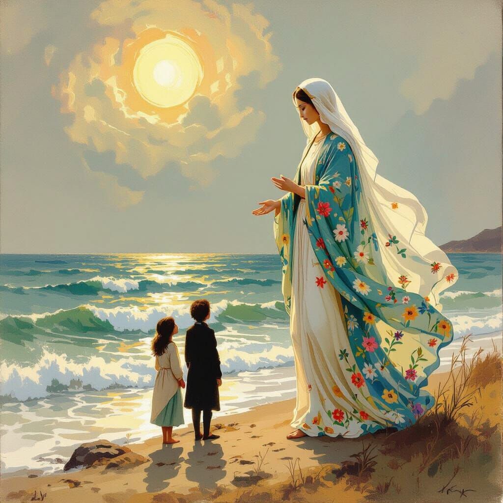 Virgin Mary on Coastline in Golden Light