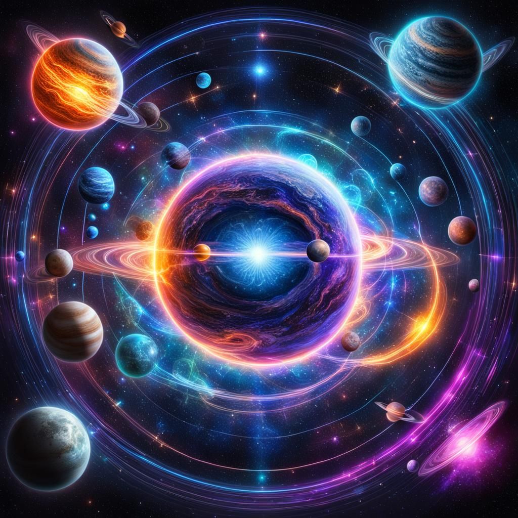 Neon Universes Colliding: Planets, Stars, and Moons