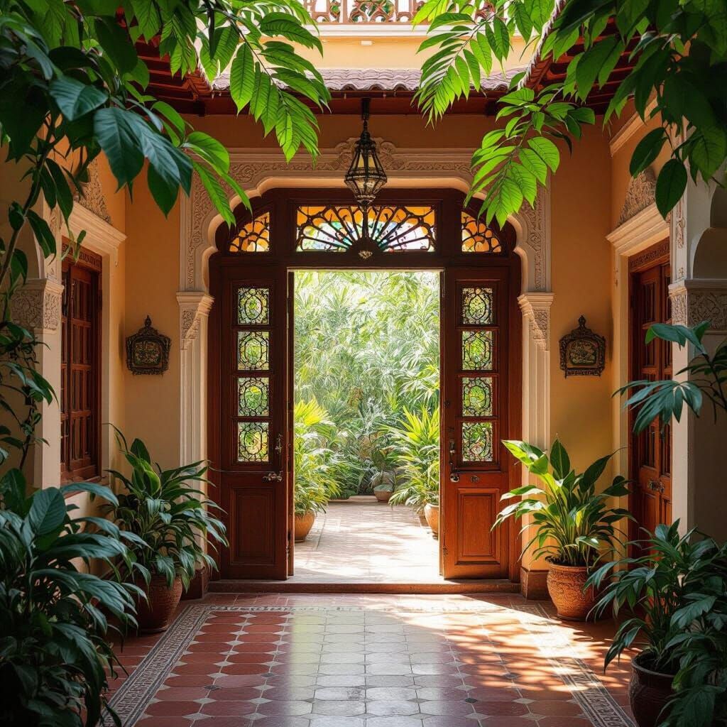Vibrant Indian House Courtyard with Open Door