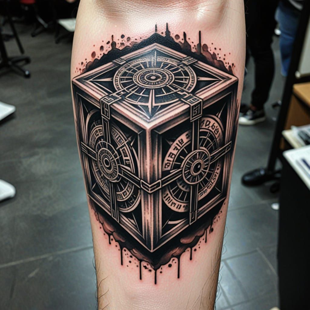 A tattoo showing a mind bending 4D box
