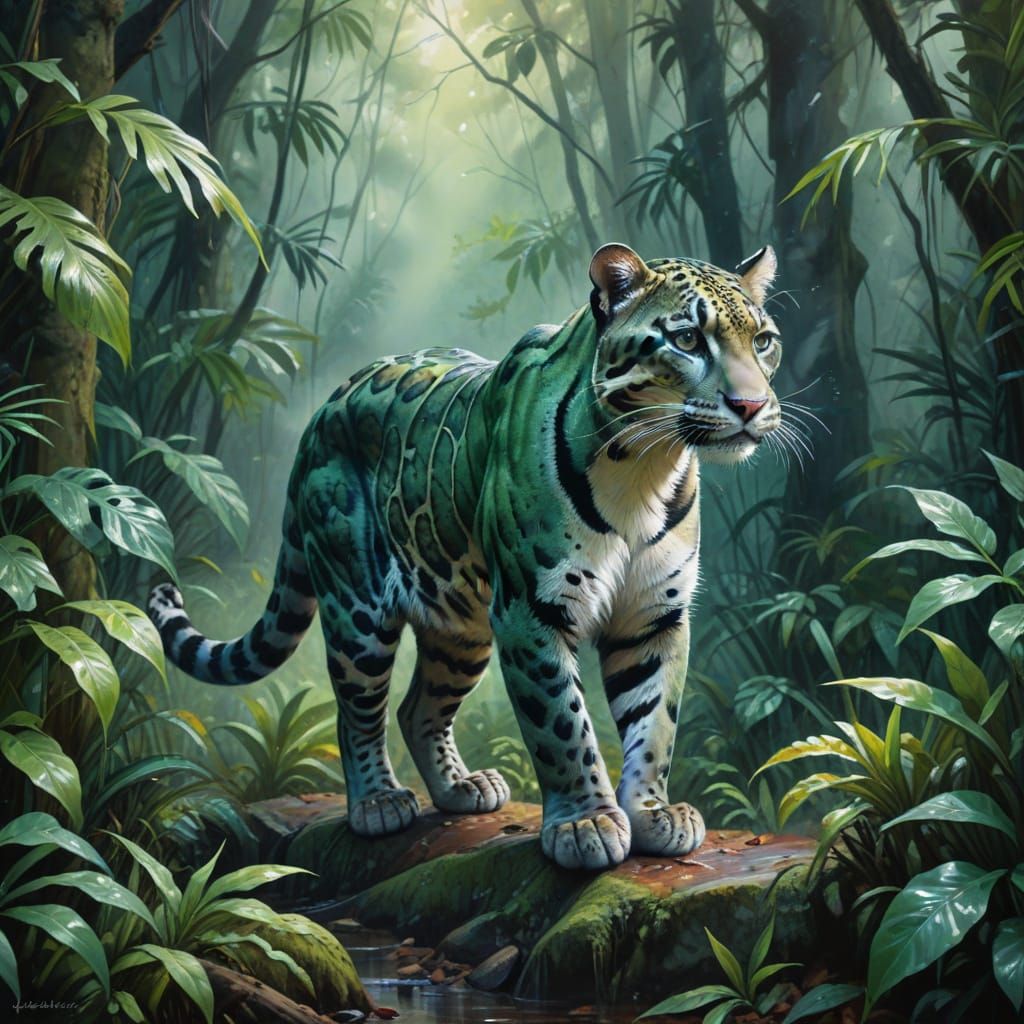 Clouded Leopard in Emerald Rainforest Watercolour