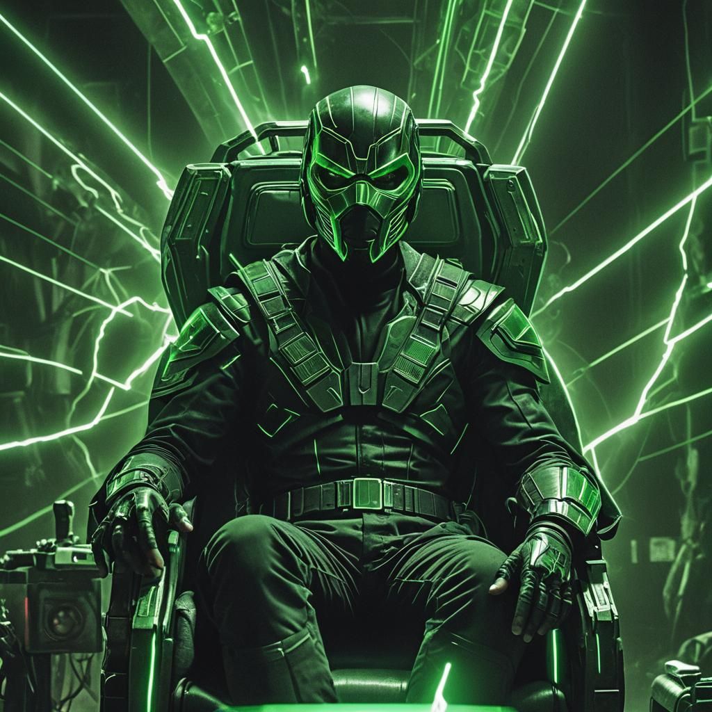 Dramatic Black and Green Assassin on Throne