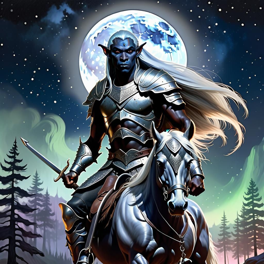 Dark Drow Rides a Shetland Pony under the Aurora