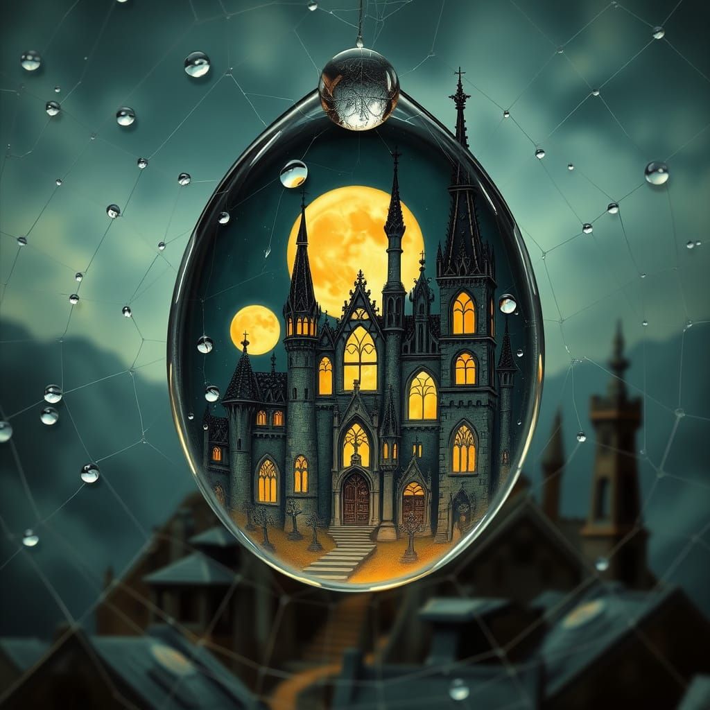 Gothic City Mirrored in Dewdrop, Art Nouveau Style
