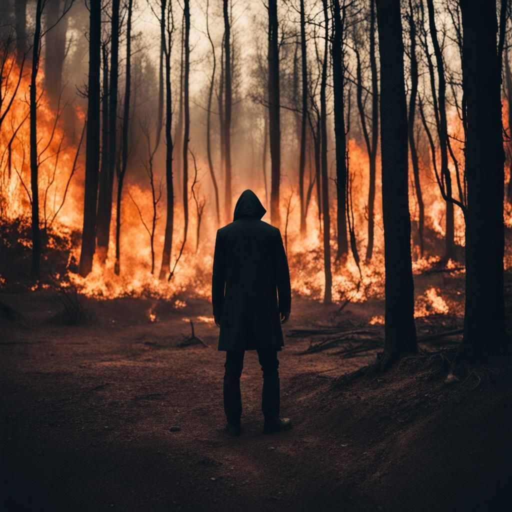 Man Stands Defiant in Burning Forest