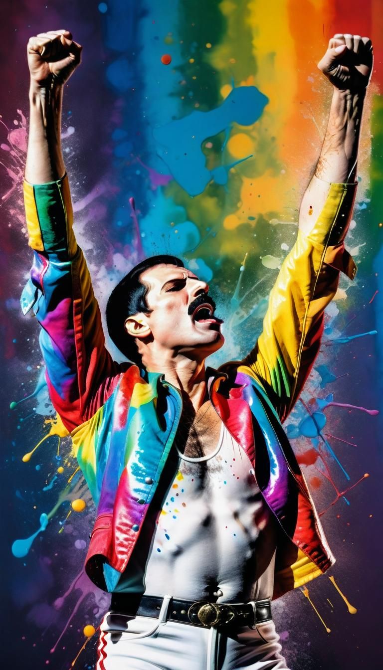 Triumphant Freddie Mercury Portrait in Double Exposure Style