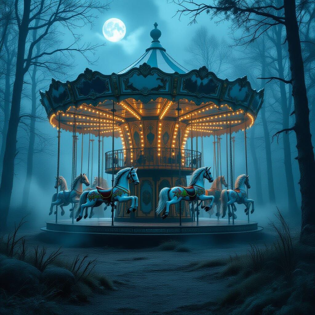 Abandoned Vintage Carousel in Moonlit Misty Forest