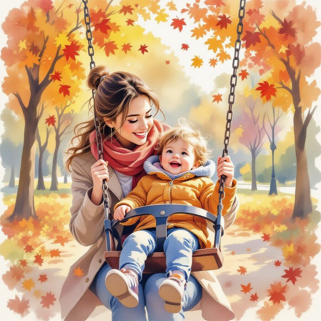 Mother Pushing Happy Child on Swing in Autumn Park