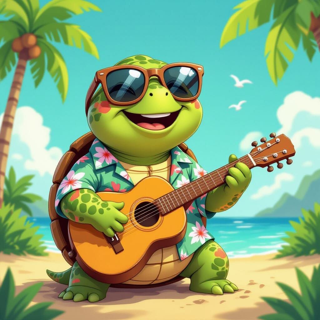 Happy Turtle Plays Guitar in Cartoon Style