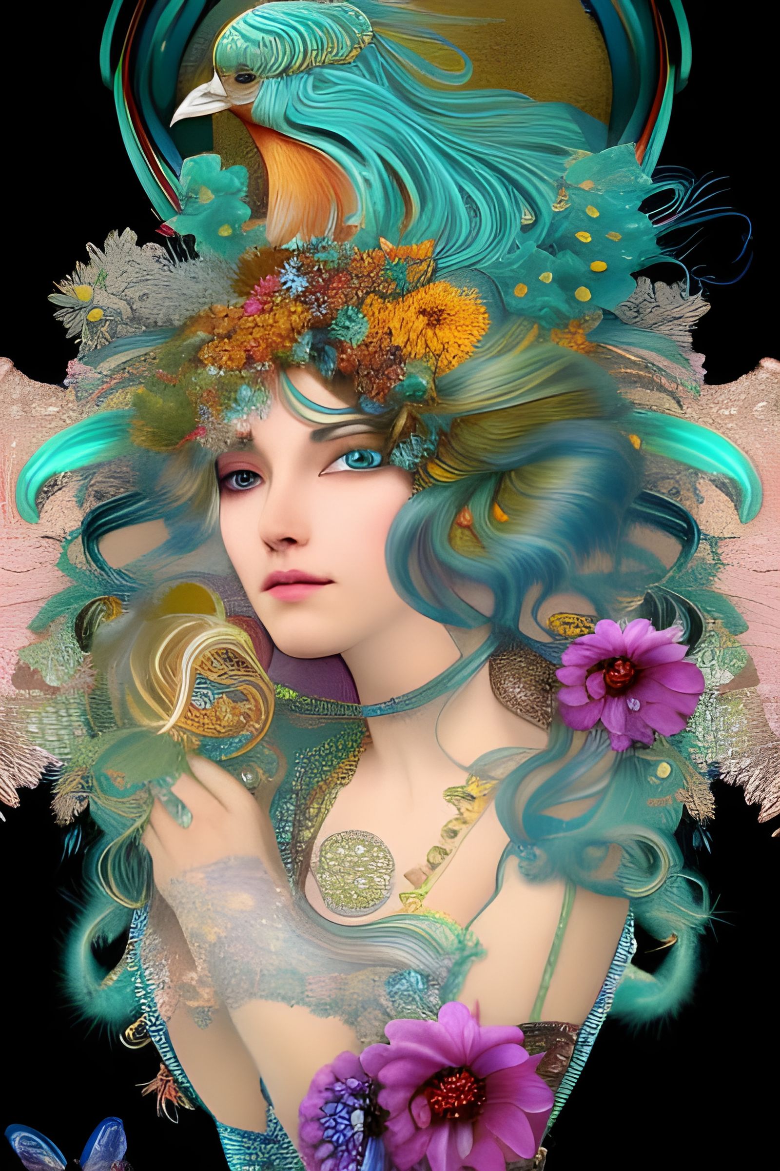 Peacock Goddess Portrait in Art Nouveau Style