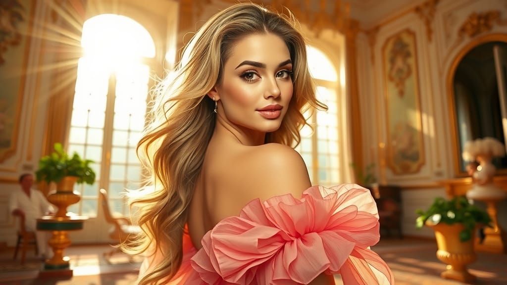 Beautiful Woman with Luminous Skin in Opulent Setting