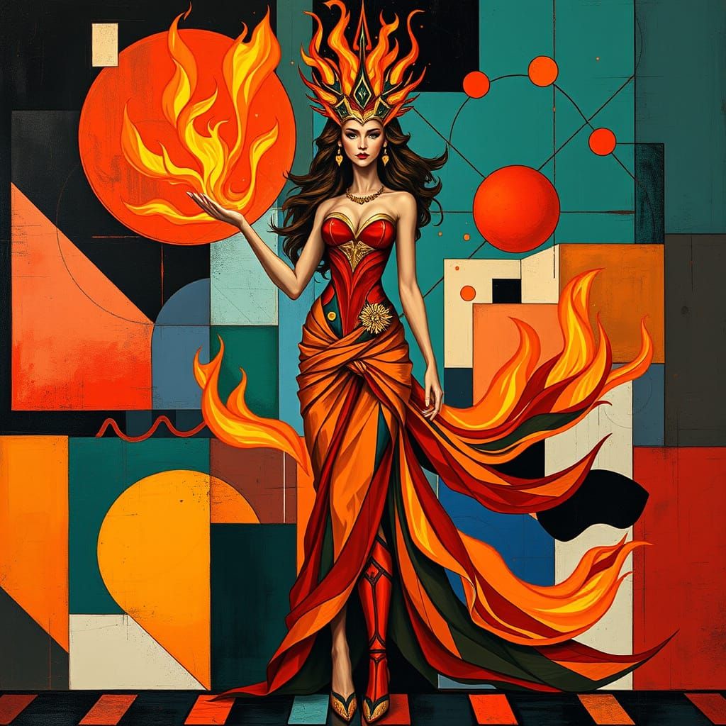 Vibrant Cubist Princess Amidst Geometric Flames
