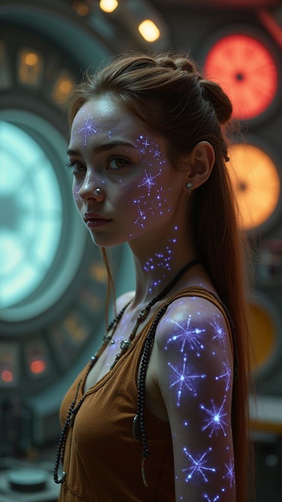 Alien Woman with Bioluminescent Markings in Sci-Fi Setting