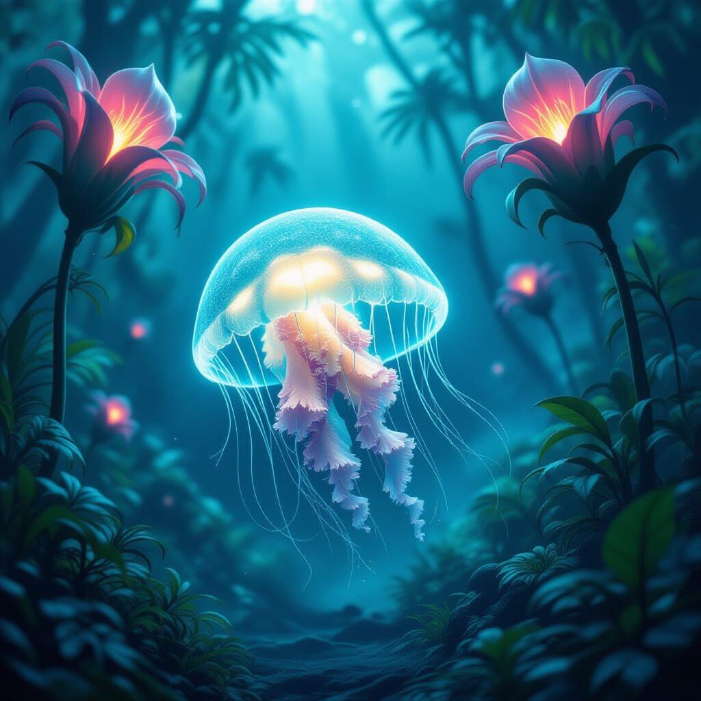 Bioluminescent Jellyfish Drifting in Alien Jungle