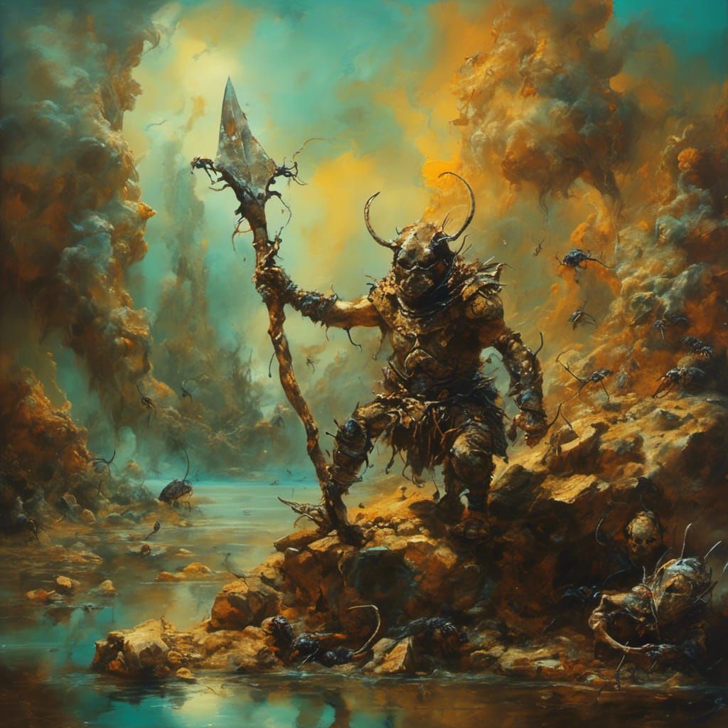 Anthropomorphic ant  Barbarian carry a long spear and wearin...