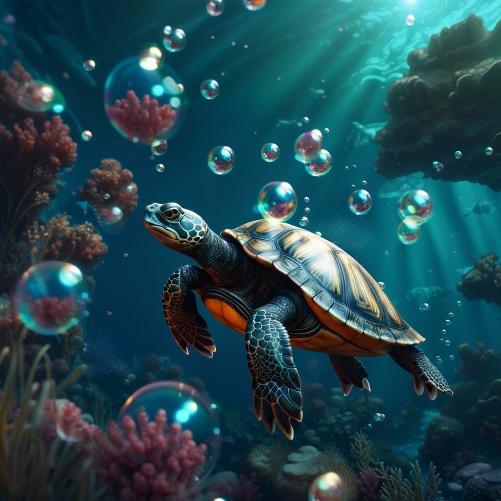 Bubbles From Turtle in Deep Ocean: Detailed Digital Art