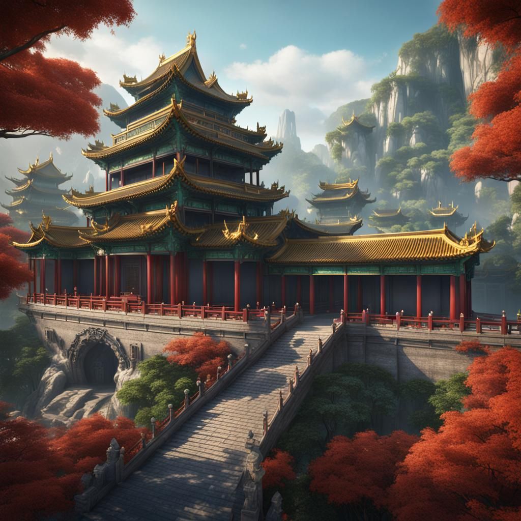 Jade Chinese Palace in Mountain Landscape