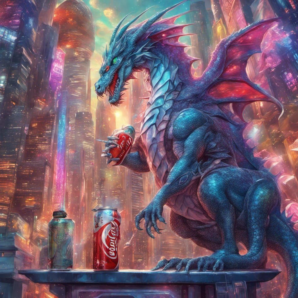 Futuristic Dragon Enjoys Diet Coke in City