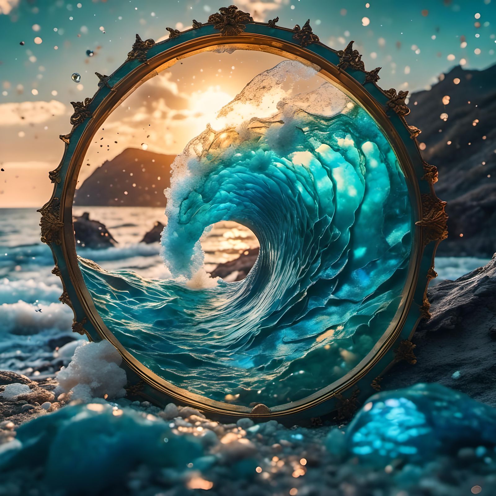 Illuminated Stained Glass Wave Crashing on Shore