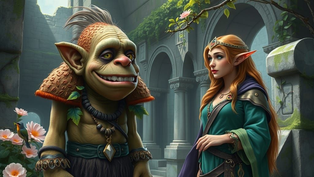 Gentle Troll Discusses with Elven Ranger Amidst Dwarven Ruin...