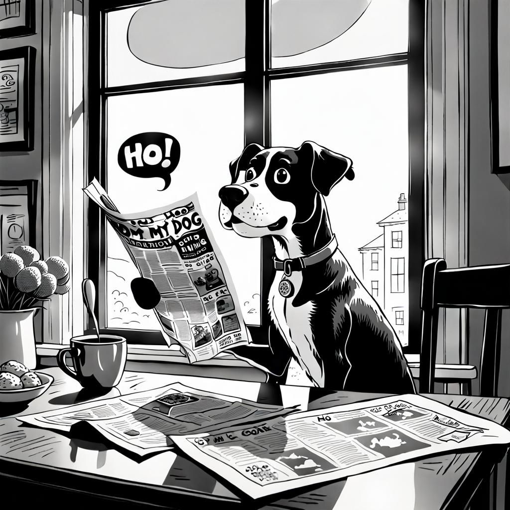 Adorable Cartoon Clues Dog Reads Newspaper, Comic Style