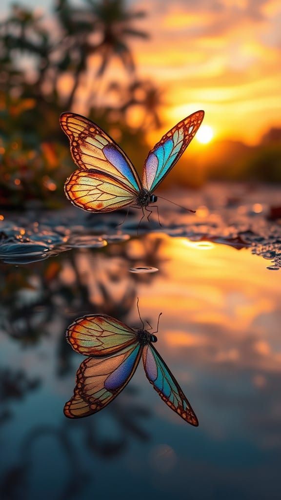 Surreal Butterfly Enchants Serene Twilight Scene in Hyperrea...