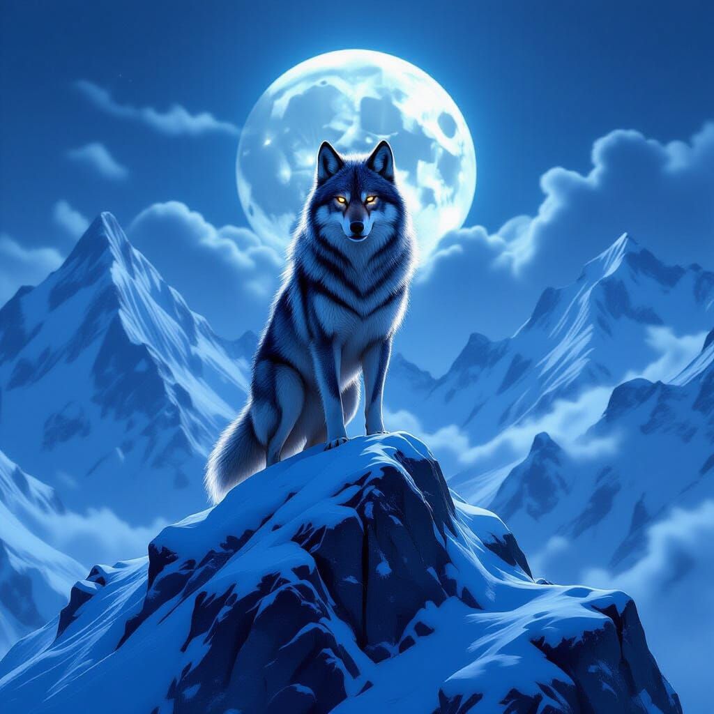 Anthropomorphic Wolf on Snowy Mountain in Digital Painting S...