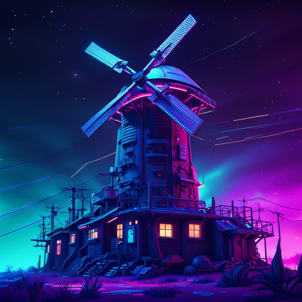 Retro-Futuristic Windmills Under Neon Sky