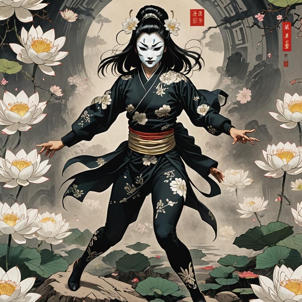 Kabuki Masked Martial Artist with Lotus Emblem
