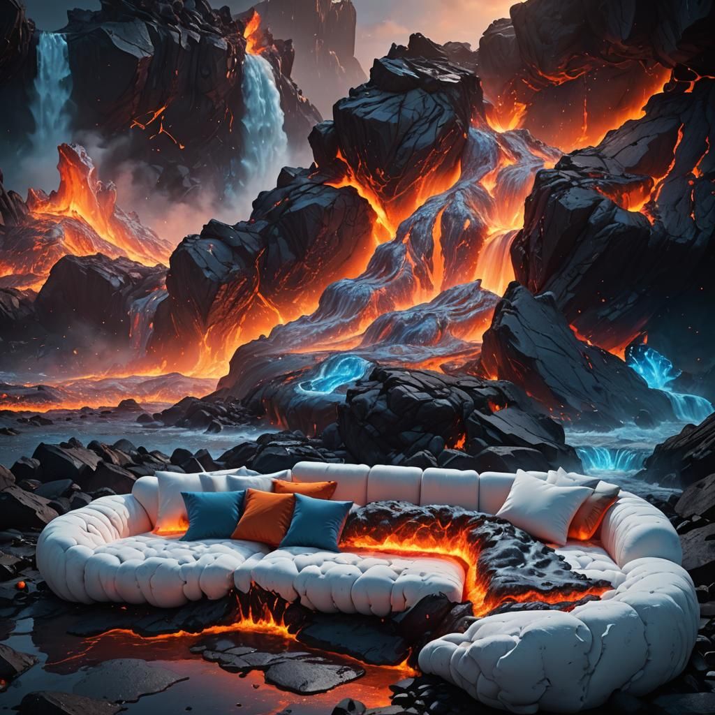 Surreal Couch on Lava Sea: Fantasy Matte Painting
