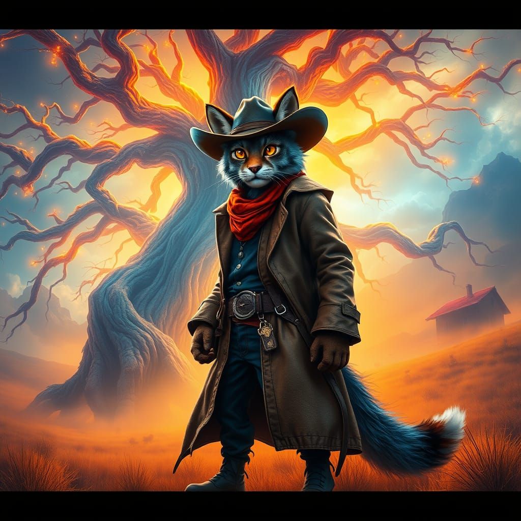 Majestic Feline Cowboy in Dreamlike Landscape