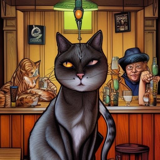 Cats in Pub Portrait, Naive Art Style