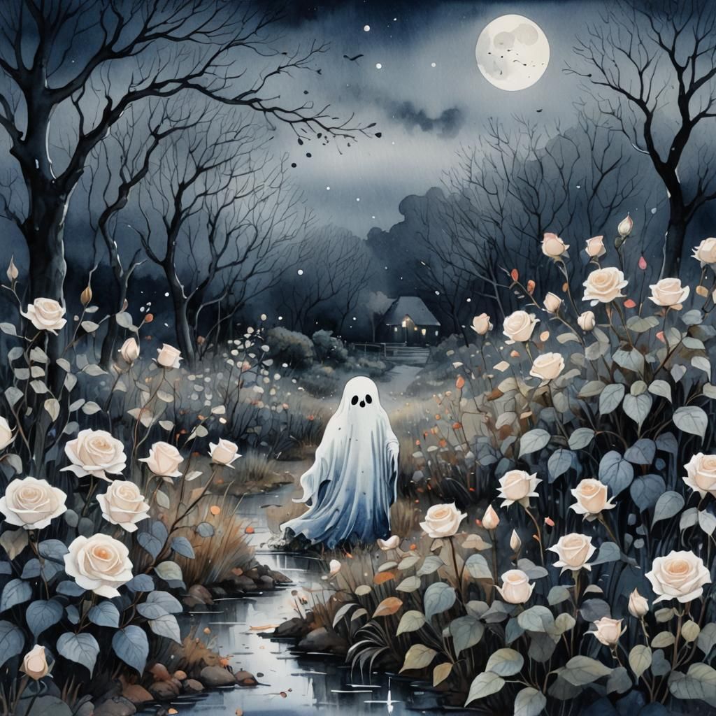 Moonlit Nordic Ghost in Autumnal Watercolour
