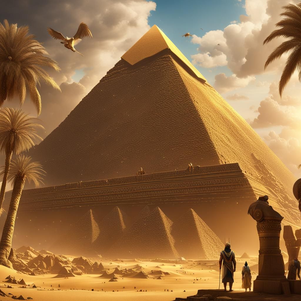 Golden Egyptian Gods Overlook Pyramids: Fantasy Art
