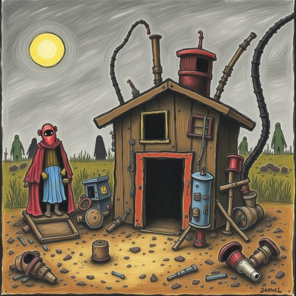 Distorted Cyberpunk Landscape of a Haunted Shed