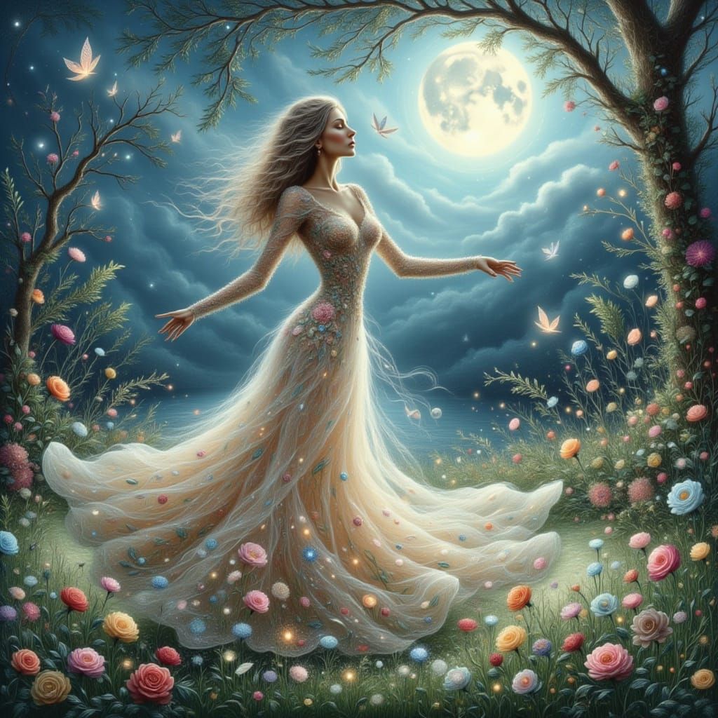 Enchanted Woman Dancing in Moonlit Garden