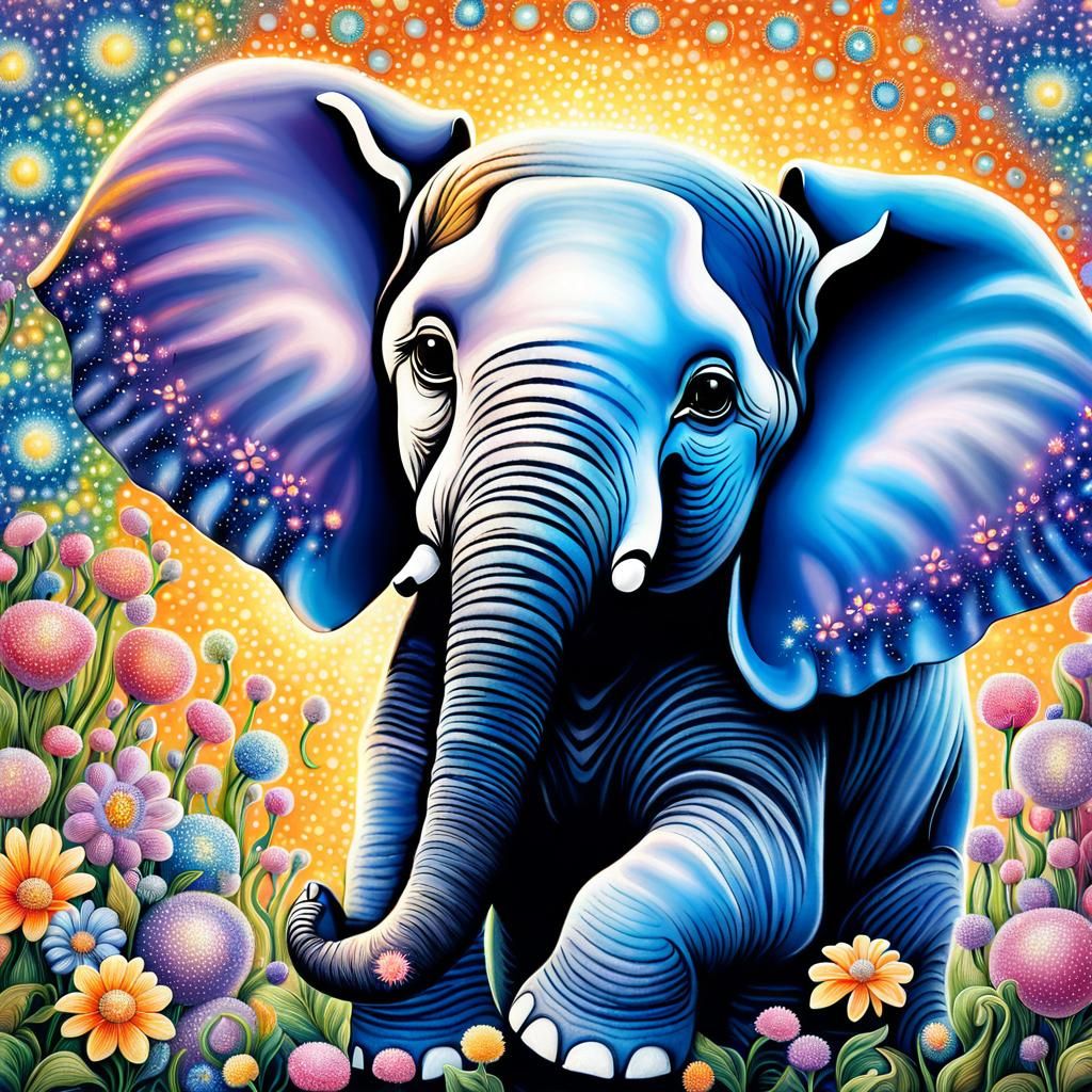 Baby Elephant in Hand: Pointillism Fantasy Art