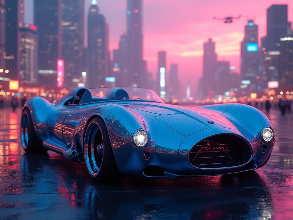 Chrome Roadster in Cyberpunk Metropolis