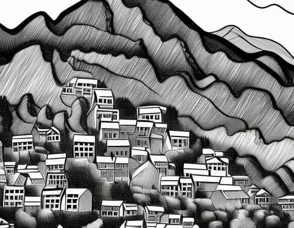 Hyperdetailed Cliffside Village Ink Drawing in 8K