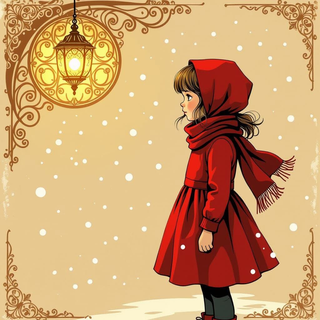 Whimsical Girl in Snow, Grunge Style Illustration