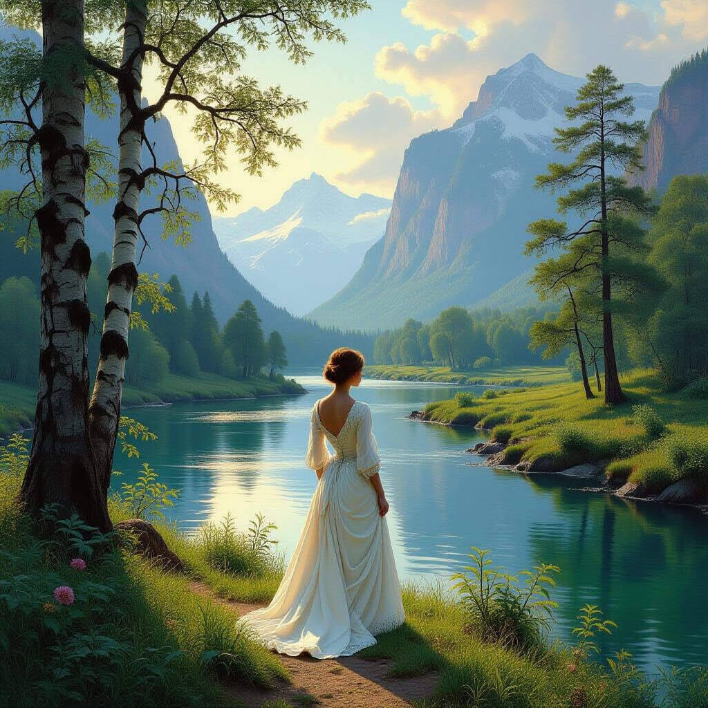 Woman in Serene River Landscape, Inspired by Bierstadt and F...