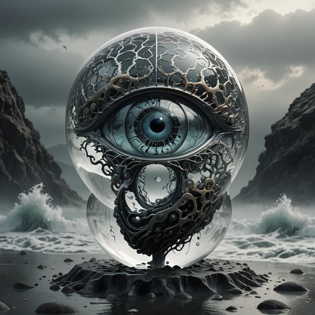 Glass 'A' with Eye and Brain in Bio-Mechanical 3D Render