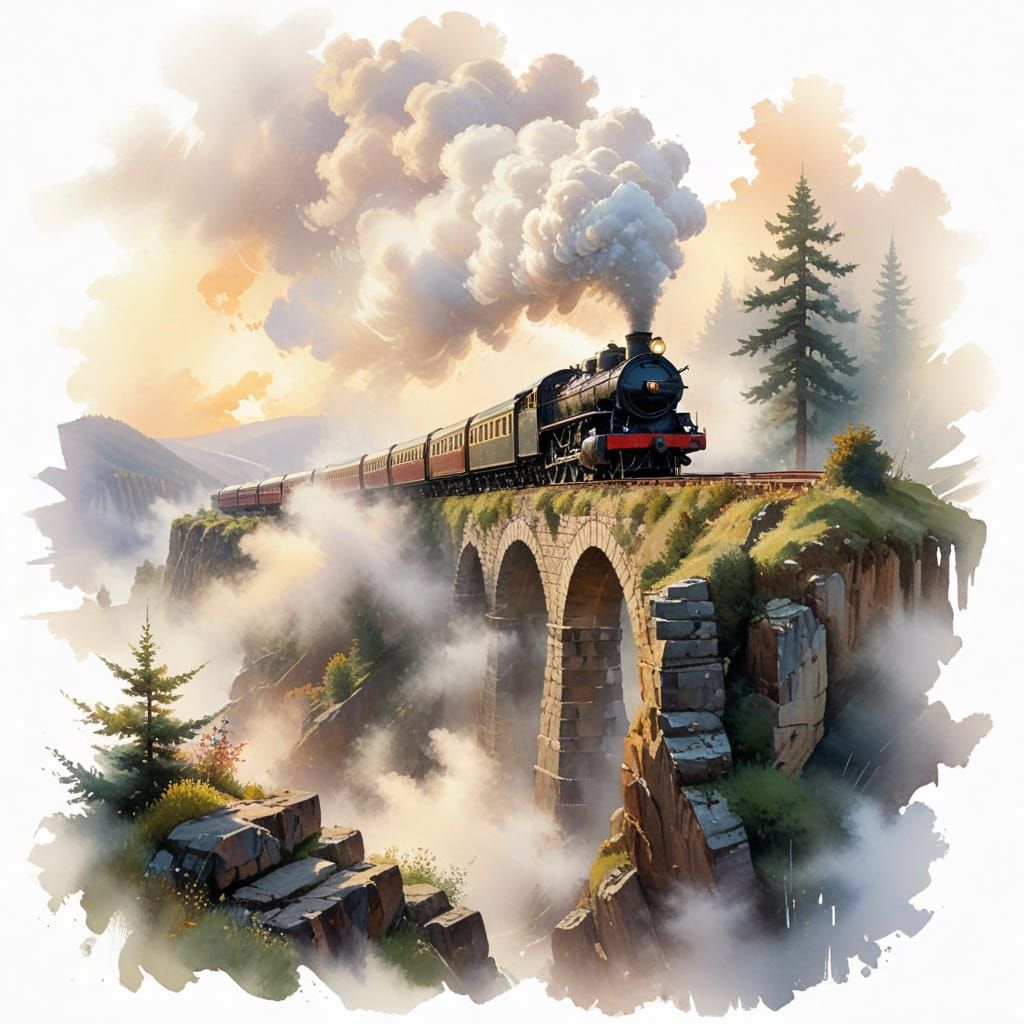 Steam Train on Misty Viaduct - Painterly Realism Oil Paintin...