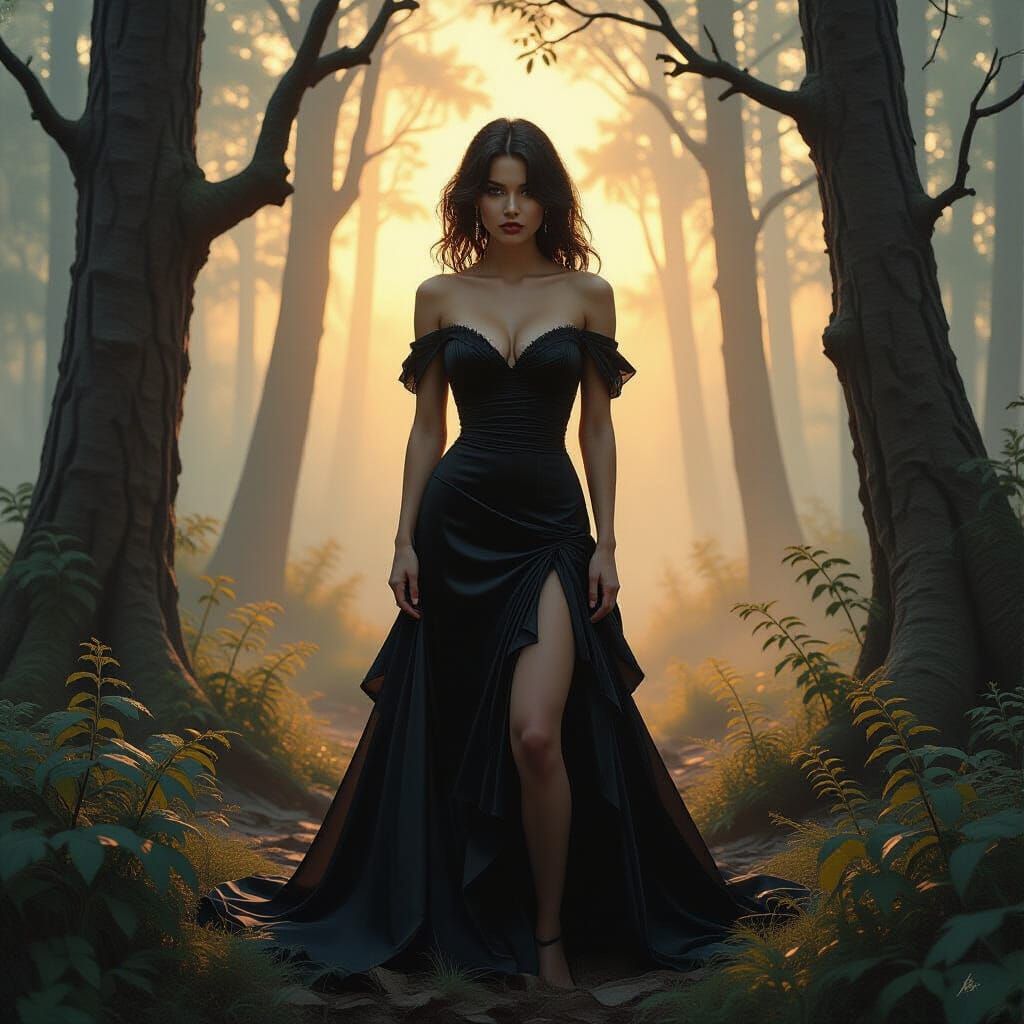 Bewildered Woman in Misty Forest at Dawn