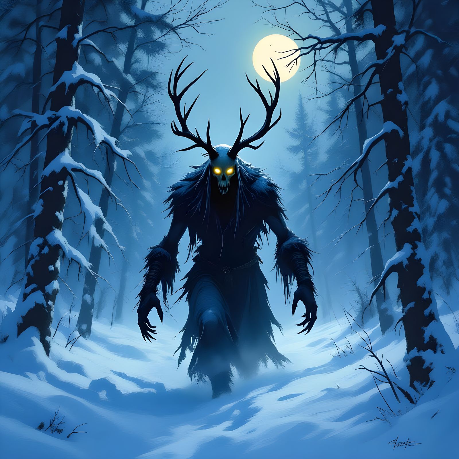 Dark Fantasy Painting of a Towering Wendigo in Winter Forest