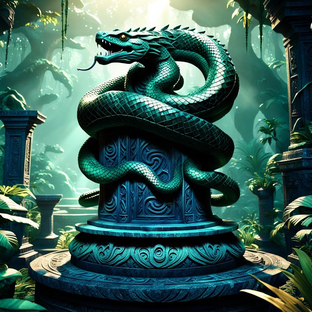 Mystical Jungle Serpent on Stone Pedestal in 3D