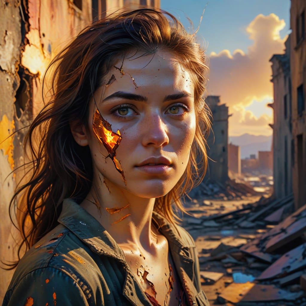 Surreal Portrait of a Woman in a Ruined Cityscape, Radiating...