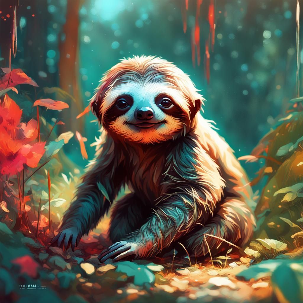 Opulent Baby Sloth Friendship: Detailed Fantasy Art